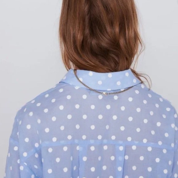 ZARA Light Blue EMBROIDERED POLKA DOT SHIRT Long Sleeve Sz M - Picture 3 of 7